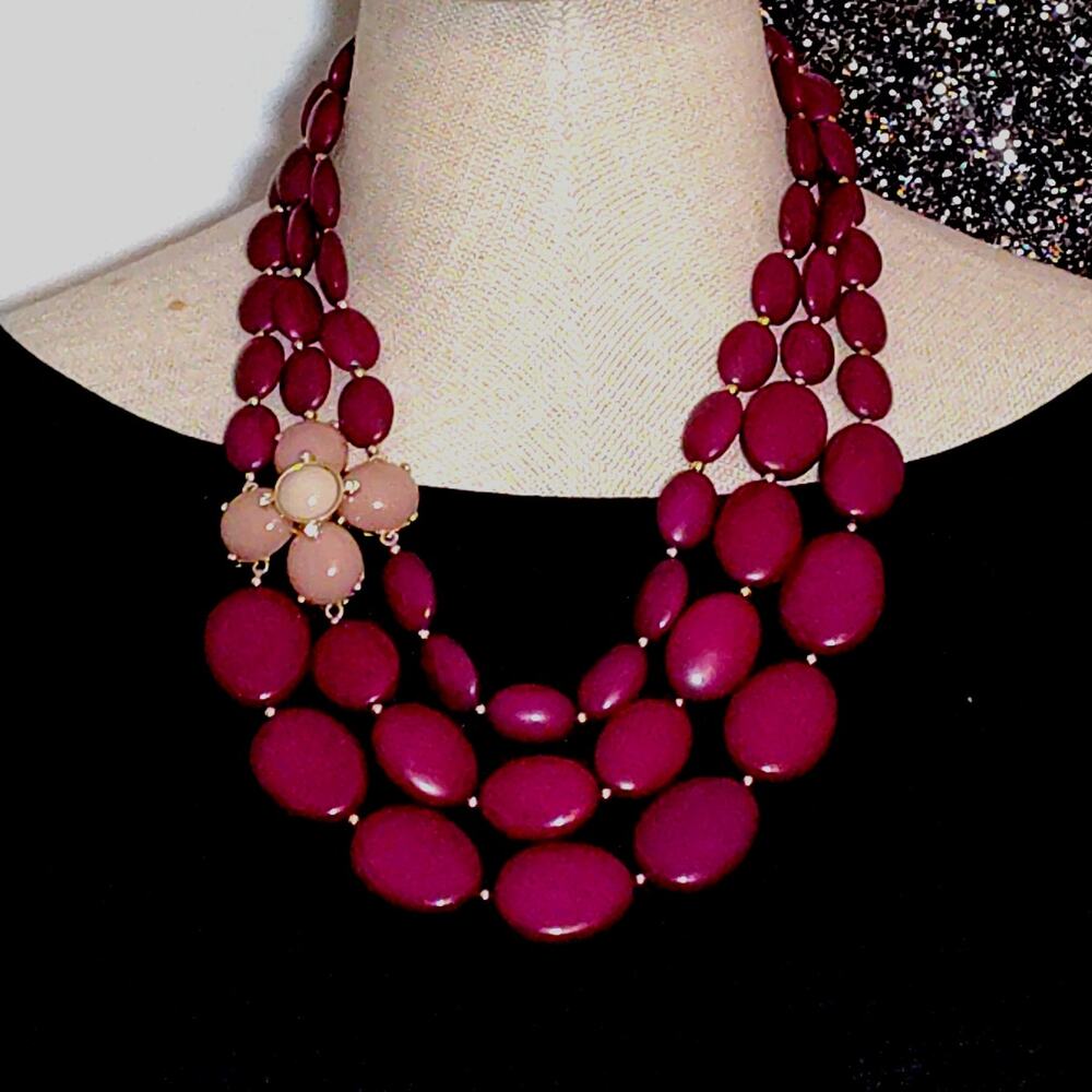 LOVELY BEADED THREE-TIERED PLUM COLORED NECKLACE WITH BEADED PINK FLOWER